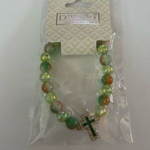 D'Bello Green Beaded Bracelet with Cross Pendant